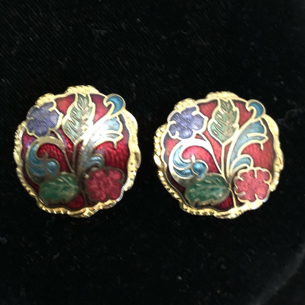 Vintage ‘70s Cloisonné Enamel Fleur Floral Red Green Blue Clip Earrings